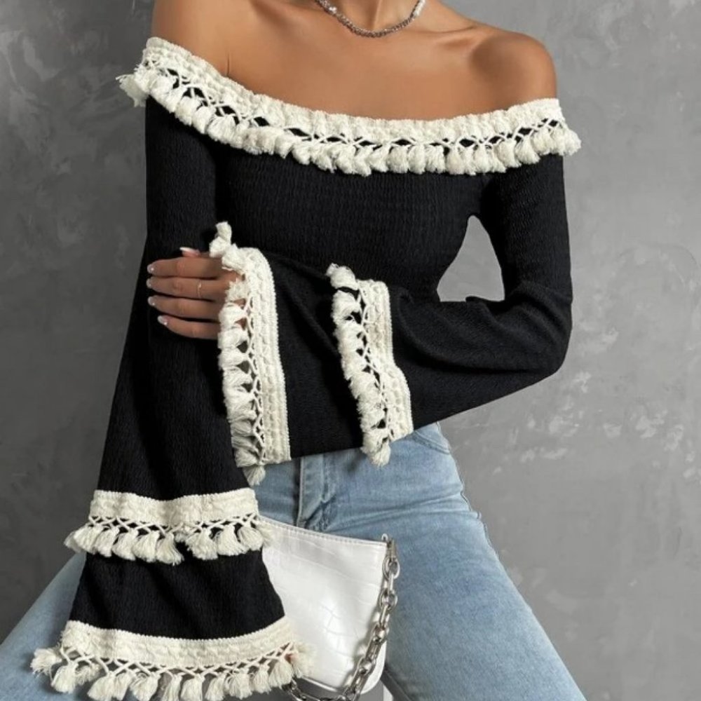 Boho Off Shoulder Flounce long Sleeved Fringe detailed black Blouse Top - Picture 6 of 6
